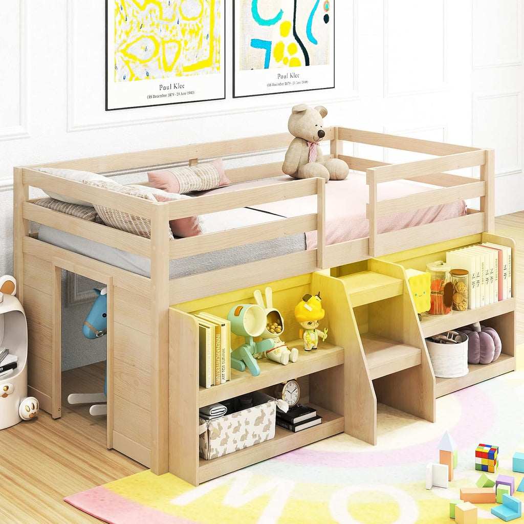 KOMFOTT Low Loft Bed with LED Light and 2 Bookcases, Wood Kids Twin Bed with Under-Bed Play Space, Stairs & Guardrails, Modern Loft Bed for Kids, No Box Spring Needed (Natural)