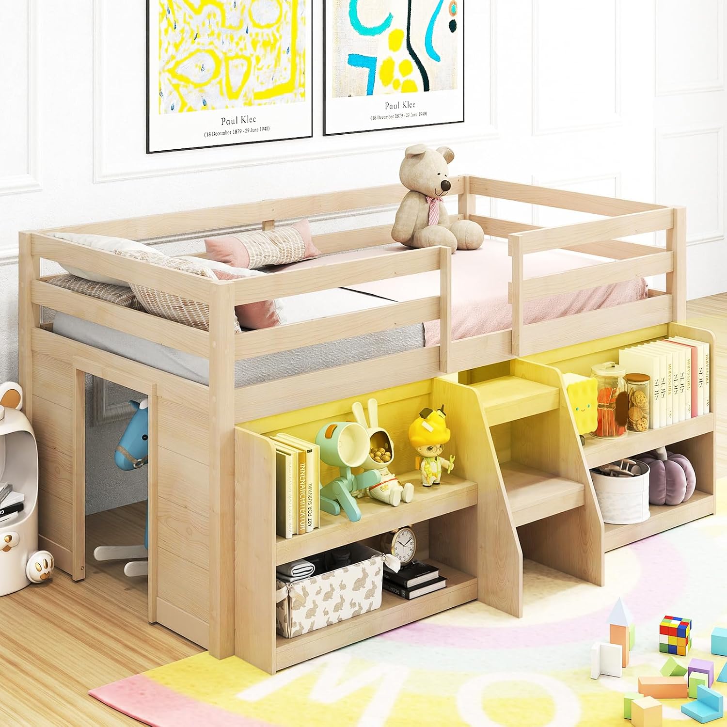 KOMFOTT Low Loft Bed with LED Light and 2 Bookcases, Wood Kids Twin Bed with Under-Bed Play Space, Stairs & Guardrails, Modern Loft Bed for Kids, No Box Spring Needed (Natural)