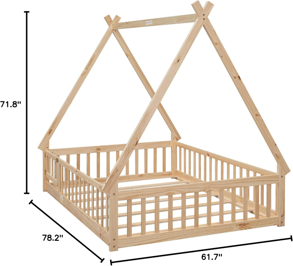 Full Size Tent-Shaped Floor Bed with Door, House Platform Bed Tent Bed Frame with Fence-Shaped Guardrails and Wood Slats Support, Wood Floor Play House Bed for Kids Boys Girls Teens (Natural,2)