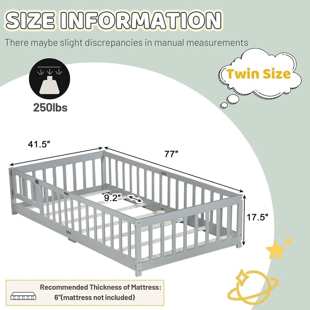 Full Size Floor Bed for Kids, Wooden Montessori Bed Frame with Door, Montessori Floor Bed with Rails for Boys and Girls, No Box Spring Needed, Grey