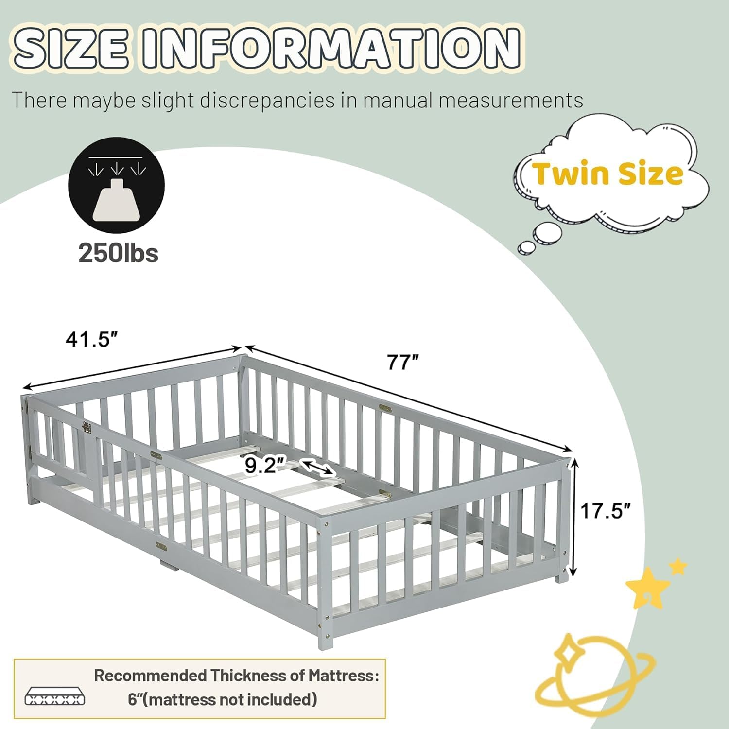 Full Size Floor Bed for Kids, Wooden Montessori Bed Frame with Door, Montessori Floor Bed with Rails for Boys and Girls, No Box Spring Needed, Grey