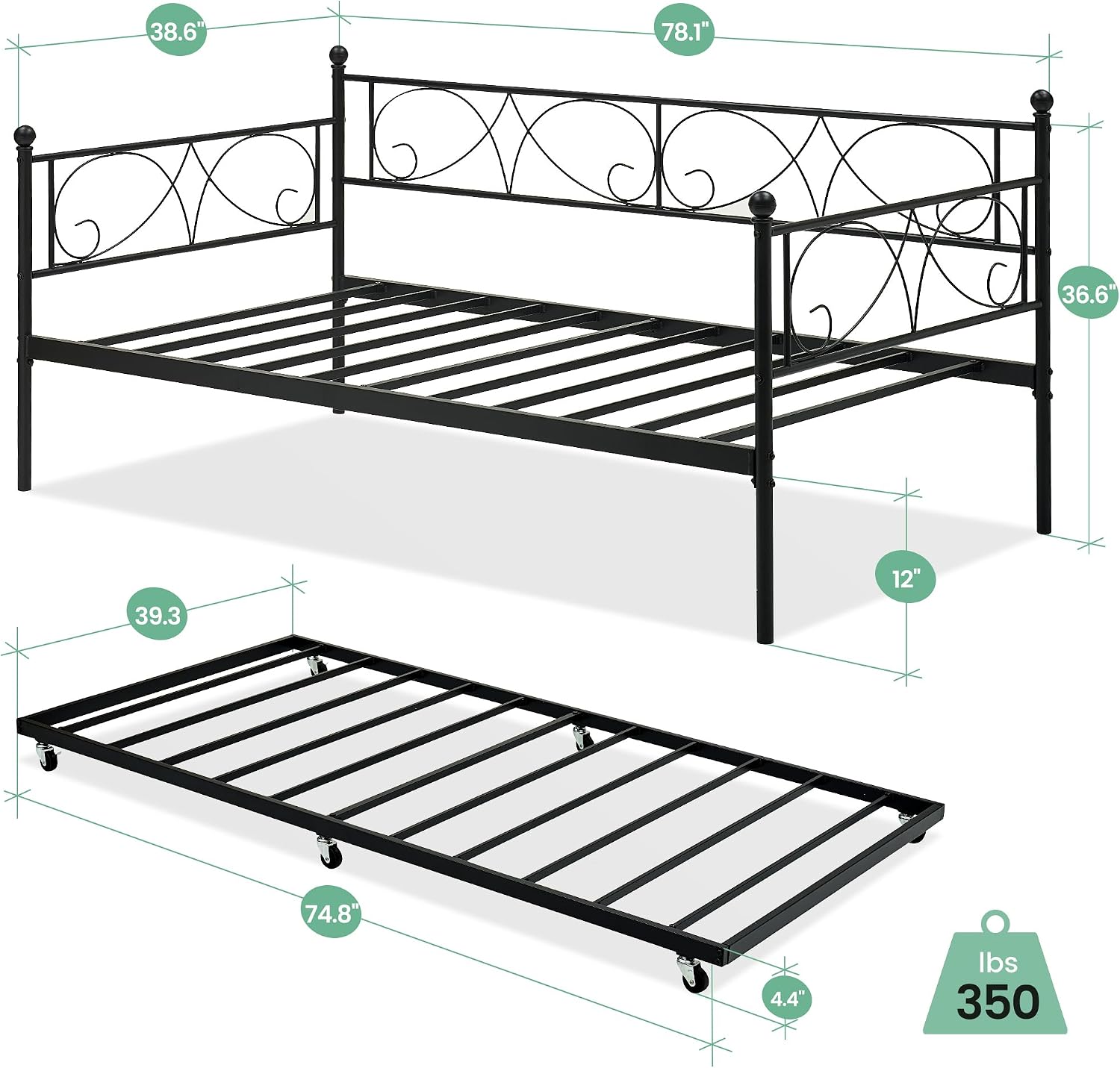 Heavy Duty Twin Daybed with Trundle, Metal Sofa Bed Frame with Floral Headboard & Slats, No Box Spring Needed, Multifunctional Platform Bed for Guest Room, Bedroom,Black
