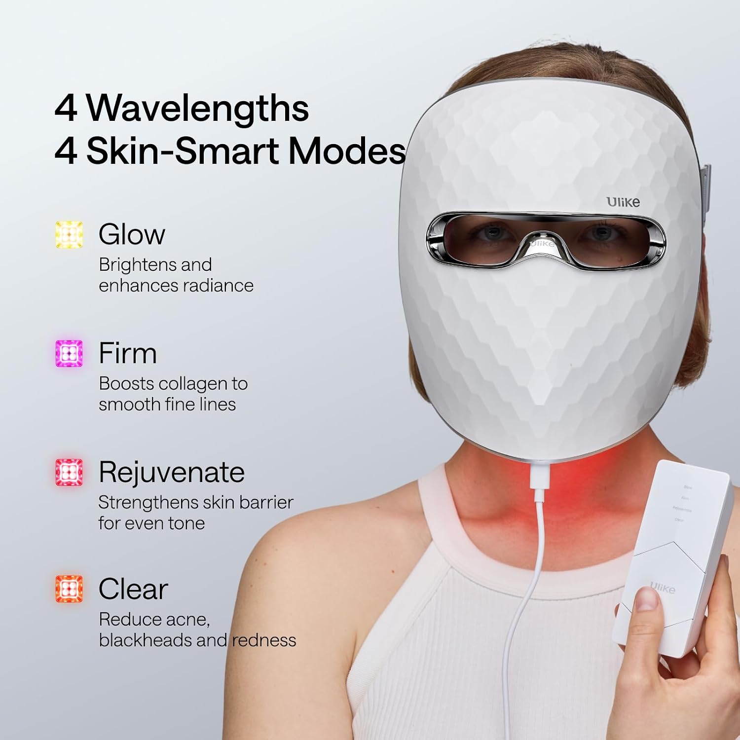 Ulike ReGlow LED Face Mask, Red Light Therapy for Face, Red, Blue, Yellow & Infrared Light Therapy for Acne & Anti-Ageing, Cordless, Remote Control, Eye Protection, Home Skincare Device for Women Wife
