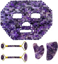 Amethyst Jade Roller Gua Sha Board for Face Lifting Natural Purple Crystal Eye Mask Facial Skin Care Tool,5in1 Set B