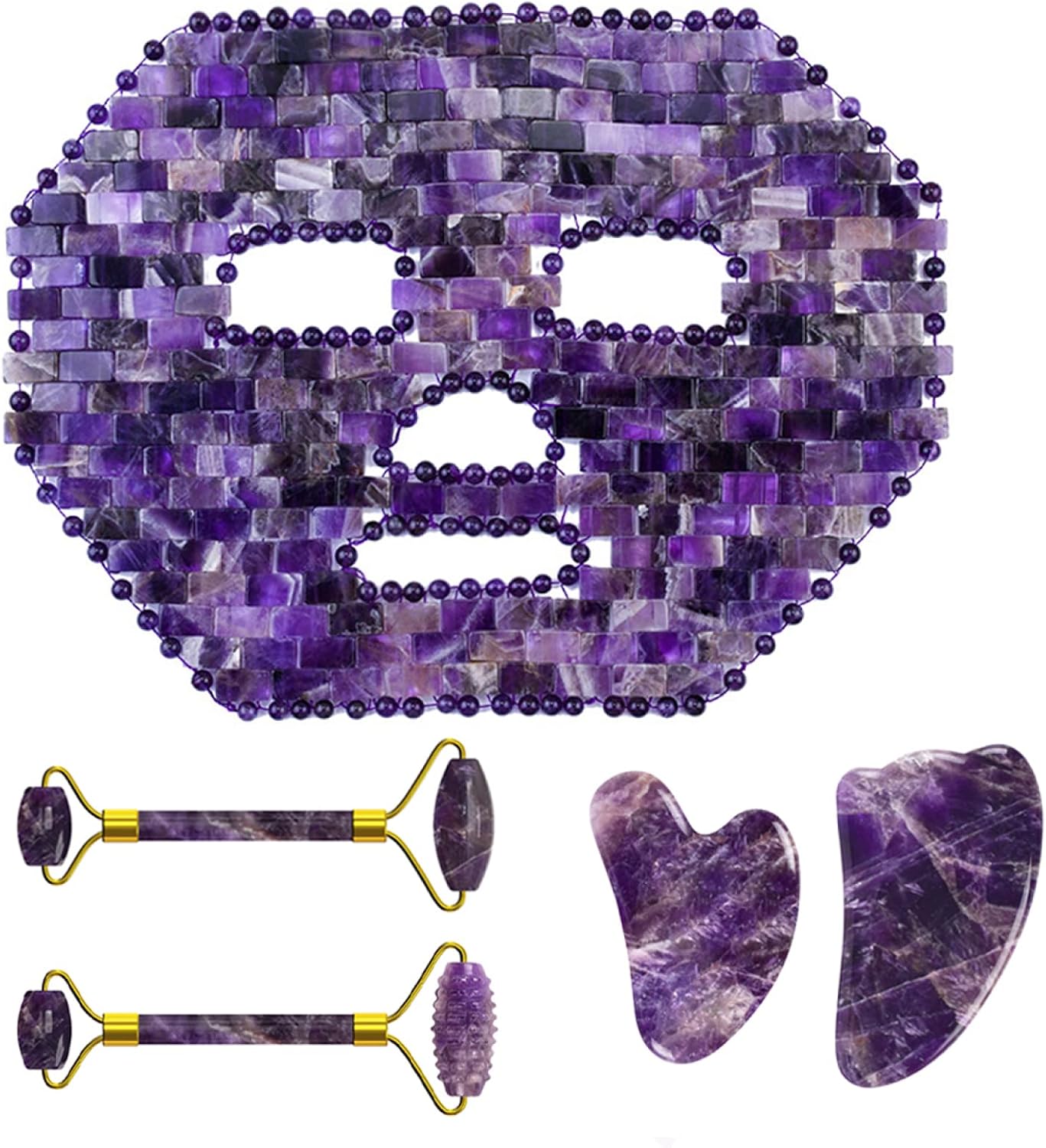 Amethyst Jade Roller Gua Sha Board for Face Lifting Natural Purple Crystal Eye Mask Facial Skin Care Tool,5in1 Set B