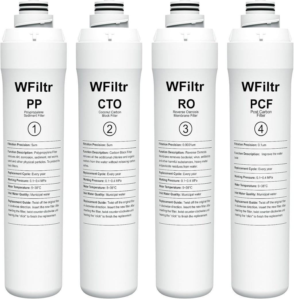 ROPOT 4-Pack Replacement Filter Set Compatible with Bluevua RO100ROPOT RO100ROPOT-UV RO System (1 PP, 1 CTO, 1 RO, 1 PCF)