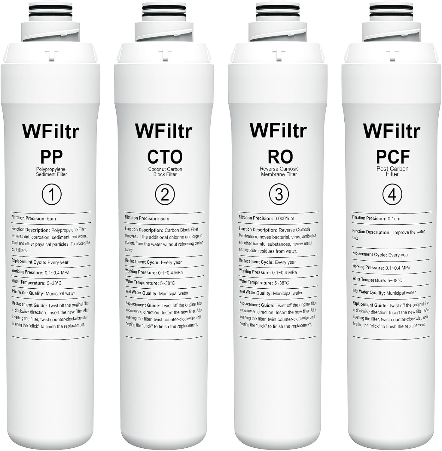 ROPOT 4-Pack Replacement Filter Set Compatible with Bluevua RO100ROPOT RO100ROPOT-UV RO System (1 PP, 1 CTO, 1 RO, 1 PCF)