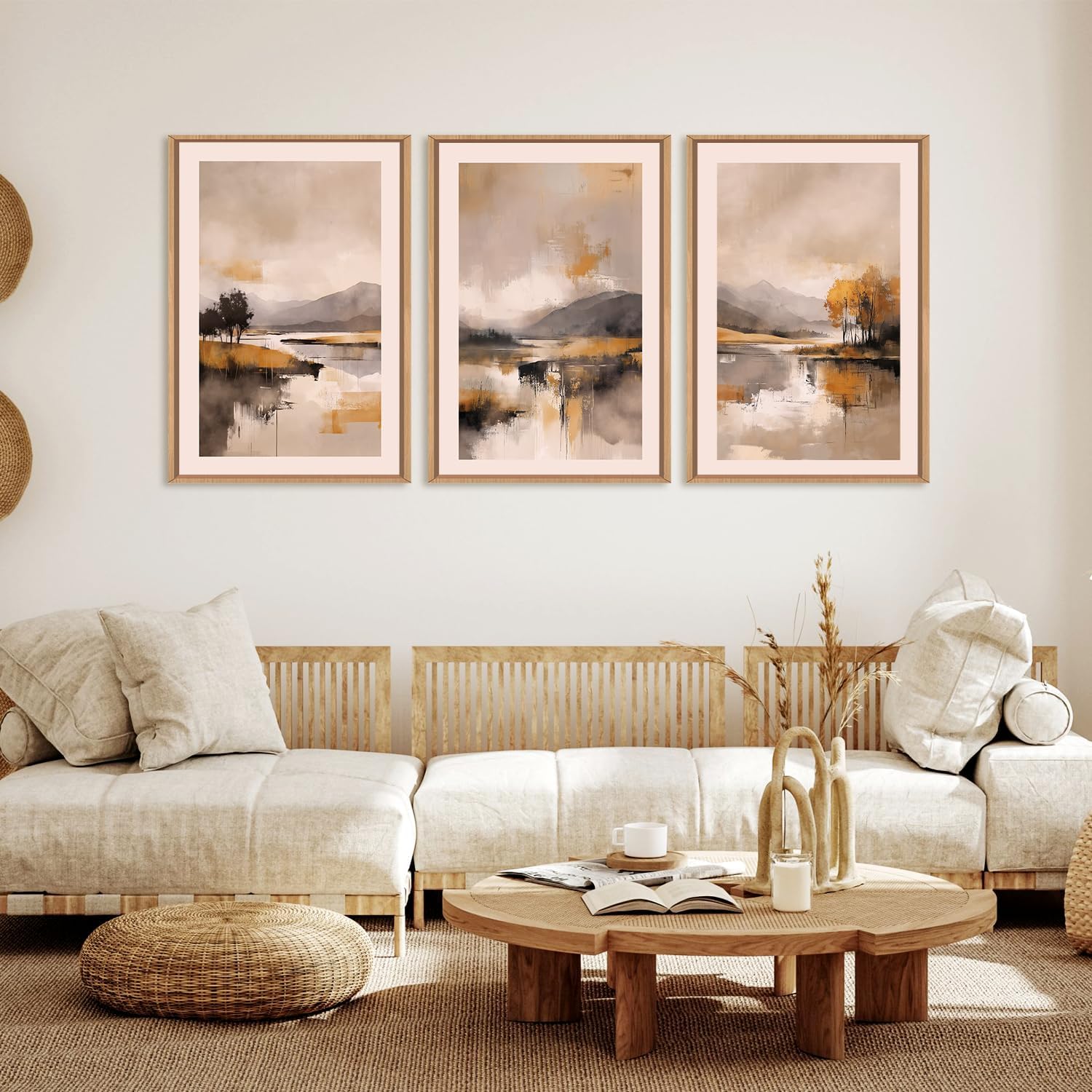 FWIEXA Abstract Landscape Neutral Canvas Wall Art Set, Beige Grey Mountain Framed Wall Decor, 3 Panel 24x36 Inches Watercoler Lake Artwork, Brush Stroke Forest Prints for Living Room, Office, Bedroom