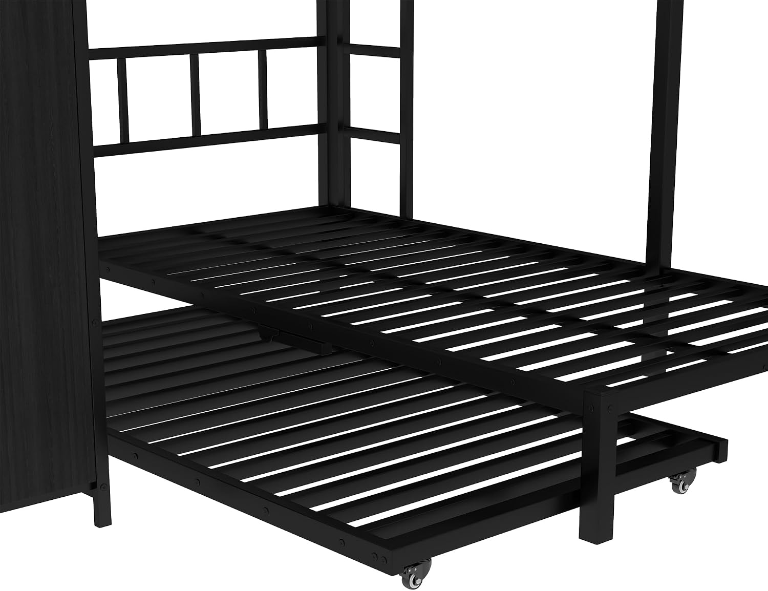 JIVOIT Metal Bunk Bed with Trundle, Full Over Twin Bunk Bed with Foldable Desk, Built-in Wardrobe, Ladders and Safety Guard, Noise-Reduced Design, Space-Saving, No Box Spring Needed