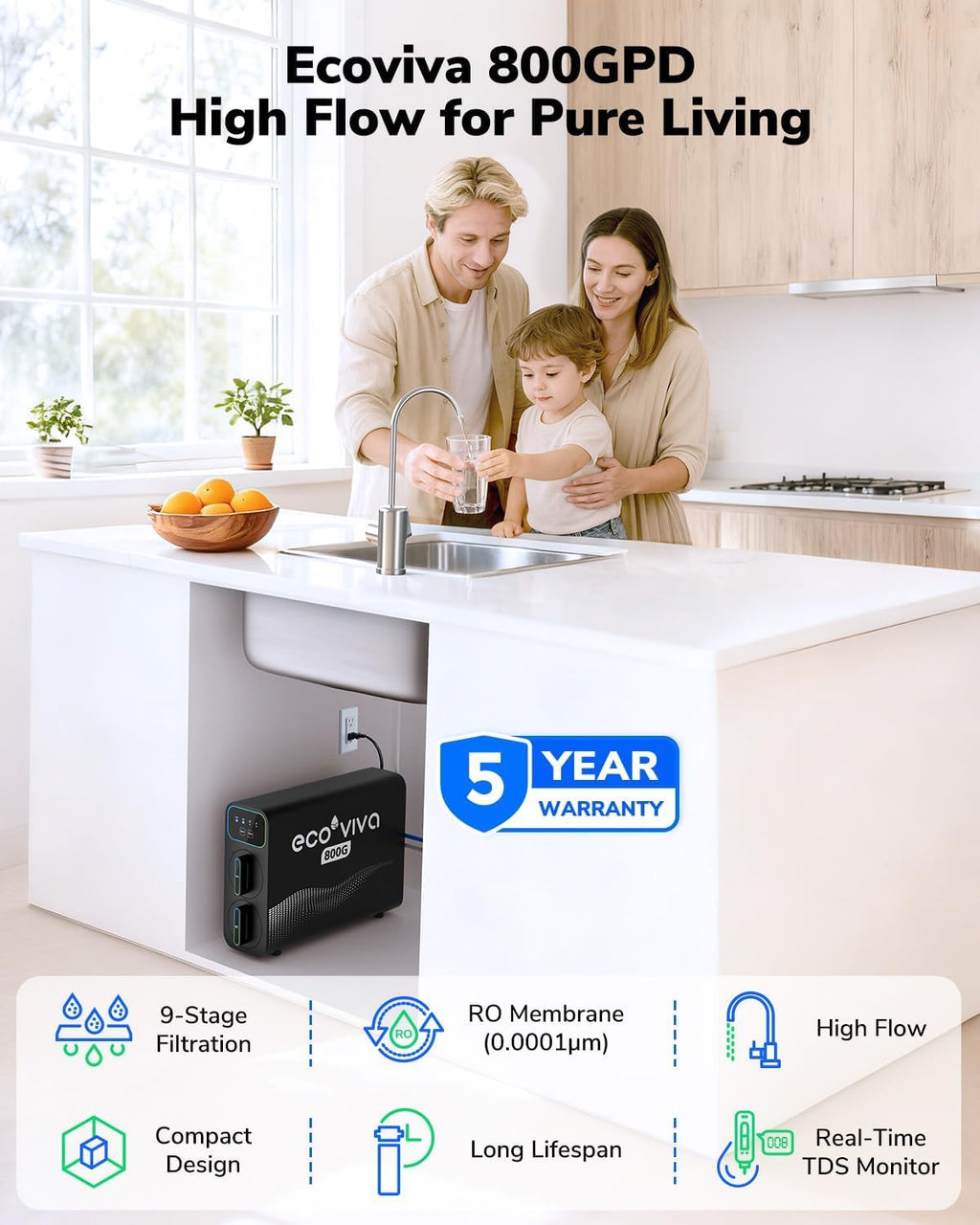 Ecoviva E8 800 GPD Reverse Osmosis Water Filter, 9-Stage Filtration RO System, Undersink Water Purifier, Reduces TDS, 2.5:1 Pure to Drain, Tankless, LED Smart Faucet
