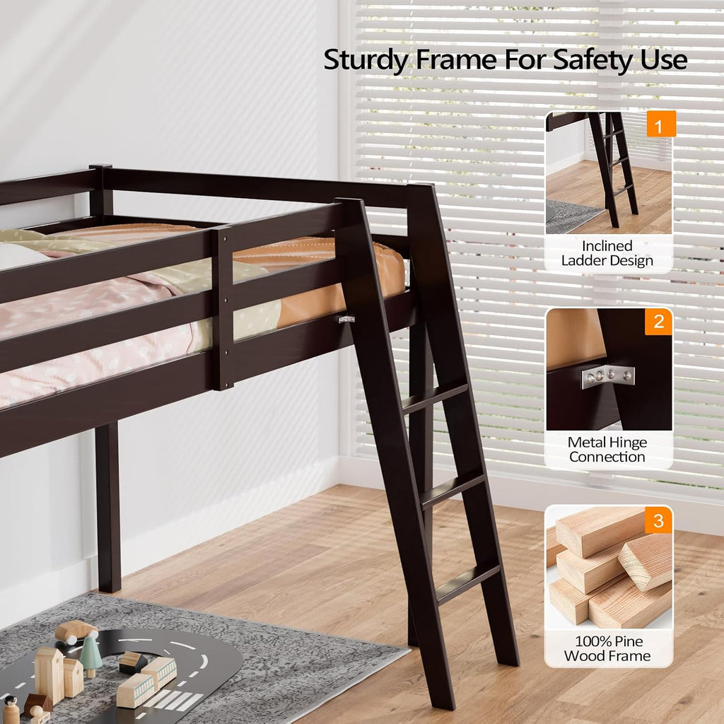 VINGLI 47'' Tall Junior Low Loft Bed with Stairs, Wood Loft Bed Twin Size for Adults, Kids and Young Teens, No Box Spring Required,Wood Slat Support, Espresso