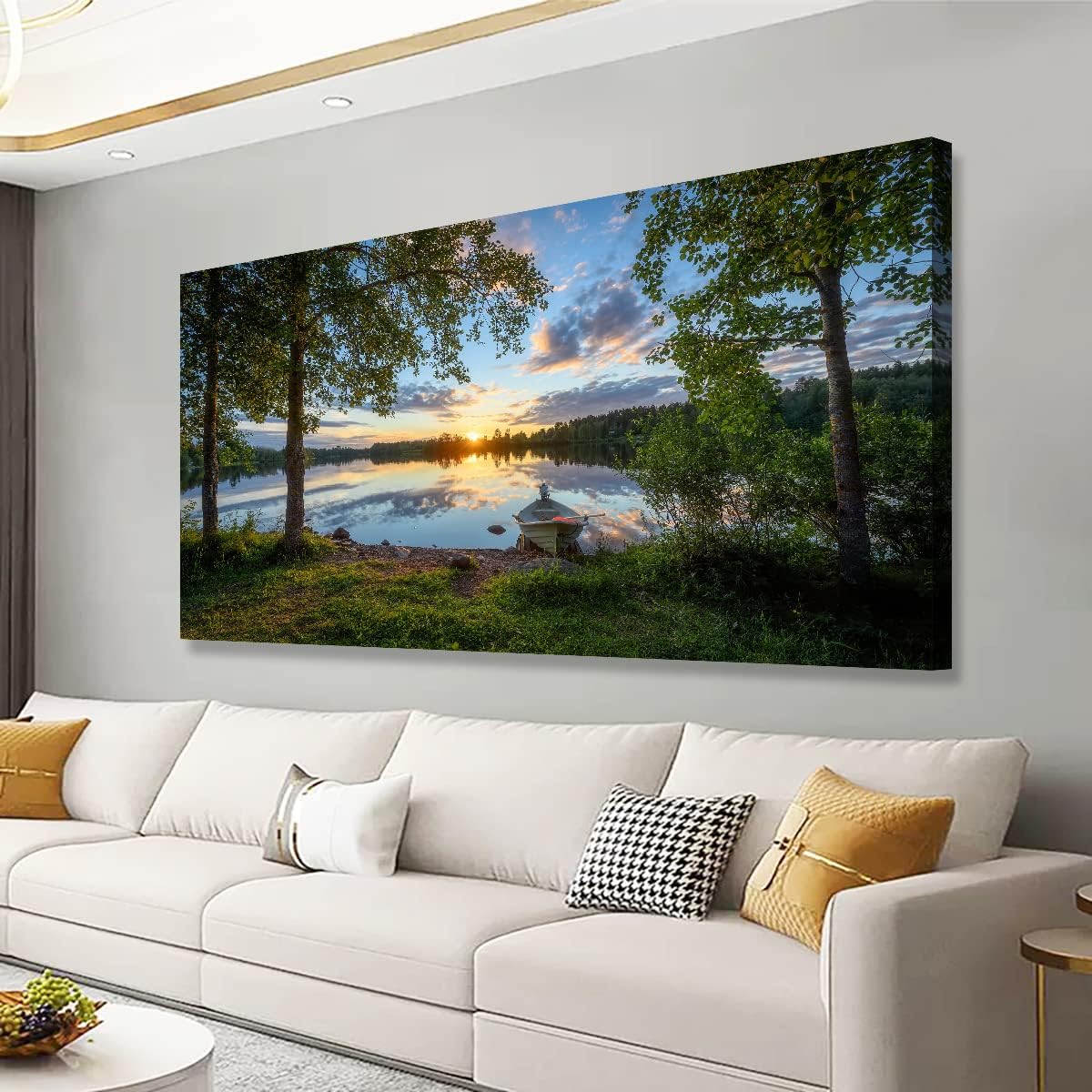 Tree Canvas Wall Art of a Sunrise Over a Forest Lake 28x57 inches Nature Inspired Painting Perfect for Wall Decoration in Living Room and Bedroom Trees and Landscape Picture Artwork Prints
