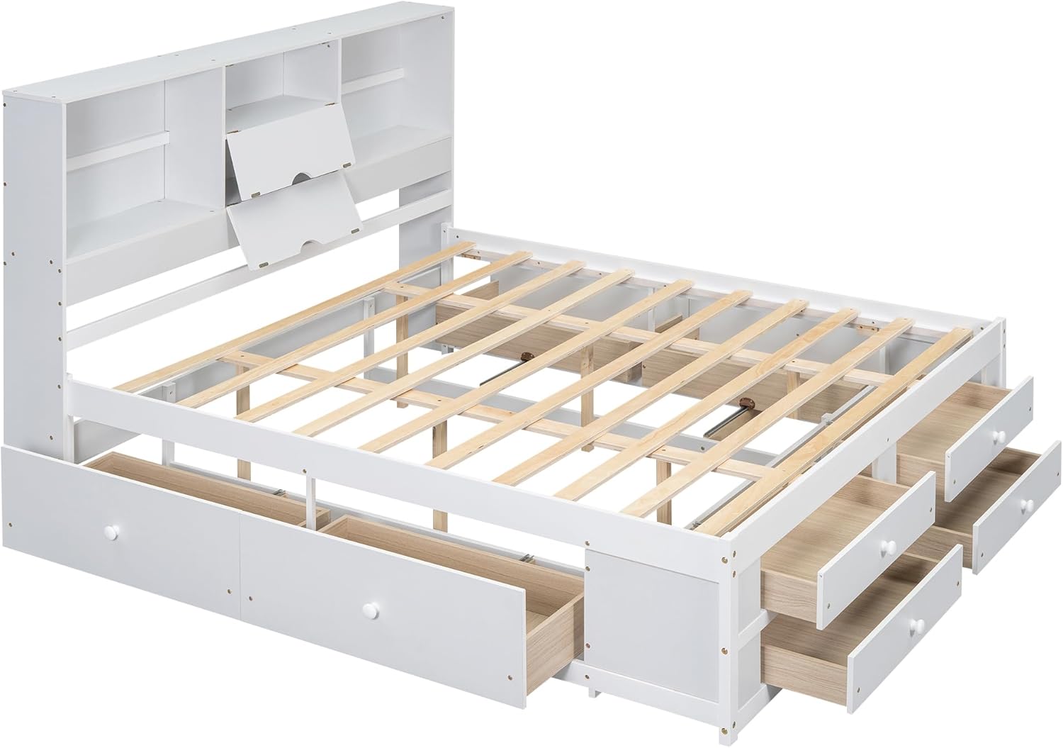 King Size Wood Platform Bed with 8 Storage Drawers and Bookcase Headboard for Bedroom (White, King)