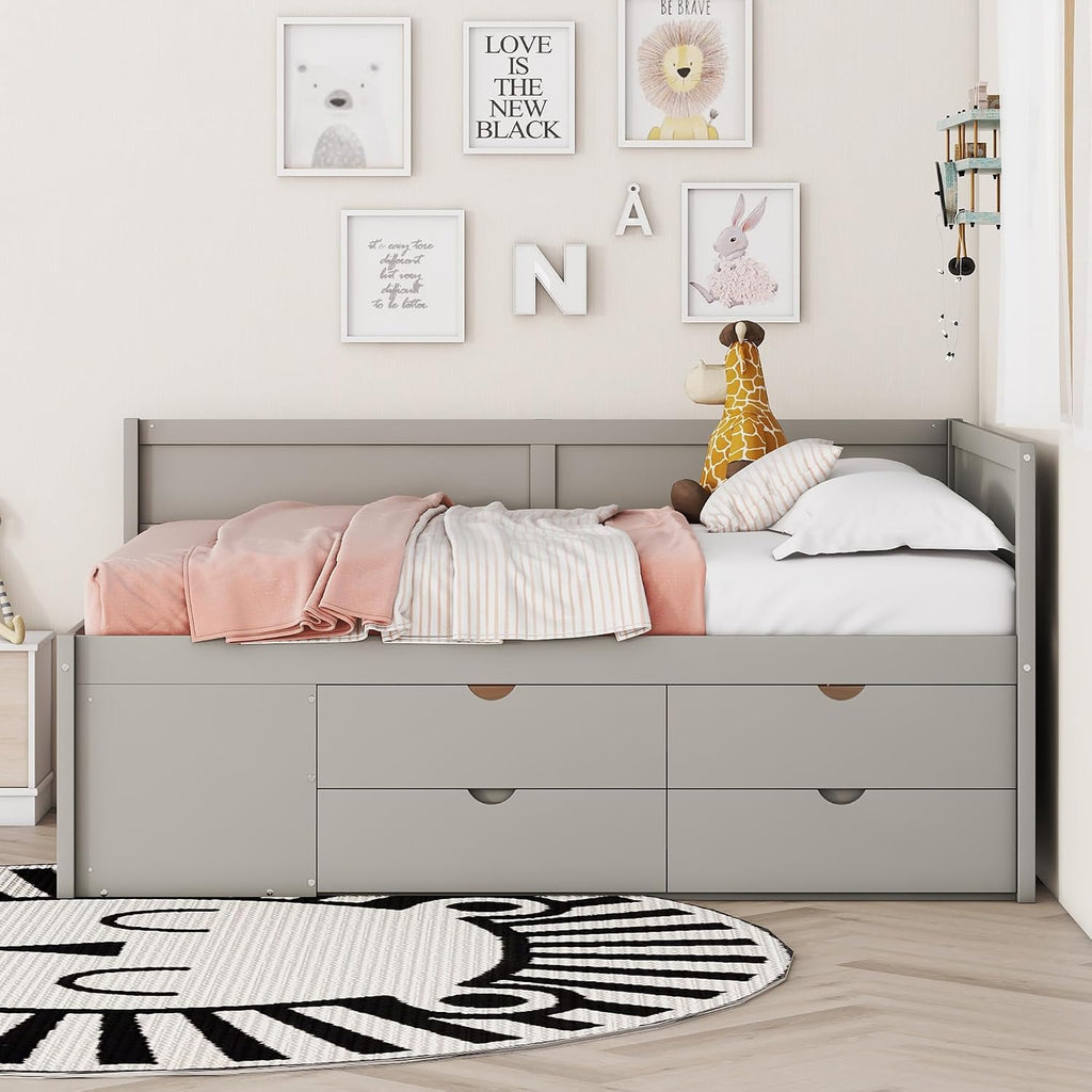 Full Size Daybed with 4 Pull-Out Drawers and 3 Functioning Shelves,Solid Wood Day Bed Frame with Wooden Slats Support for Bedroom,No Box Spring Required (Gray-AB41)