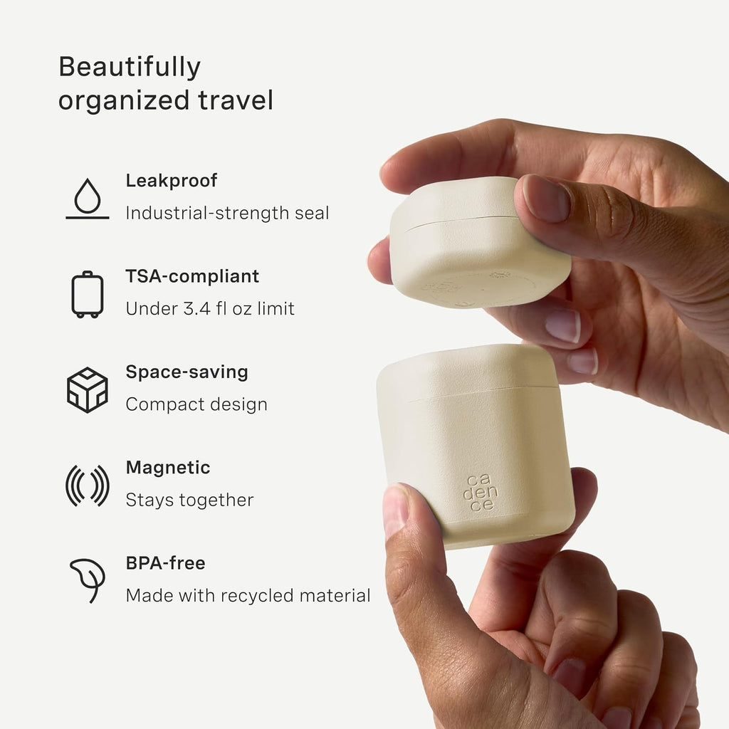 Cadence Travel Containers - Daily Routine Capsule Set - Magnetic Containers with Lids,4 Flex Mediums (1.32oz) & 3 Flex Smalls (0.56oz) - Shampoo, Conditioner, Body Wash, Pills, & More - Sand