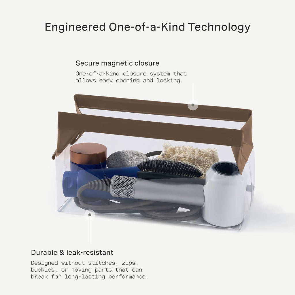 Cadence Parcel - Clear Kit with Magnetic Closure - Durable and Leak-Resistant Travel Toiletry Kit - Extra Large Chestnut Parcel