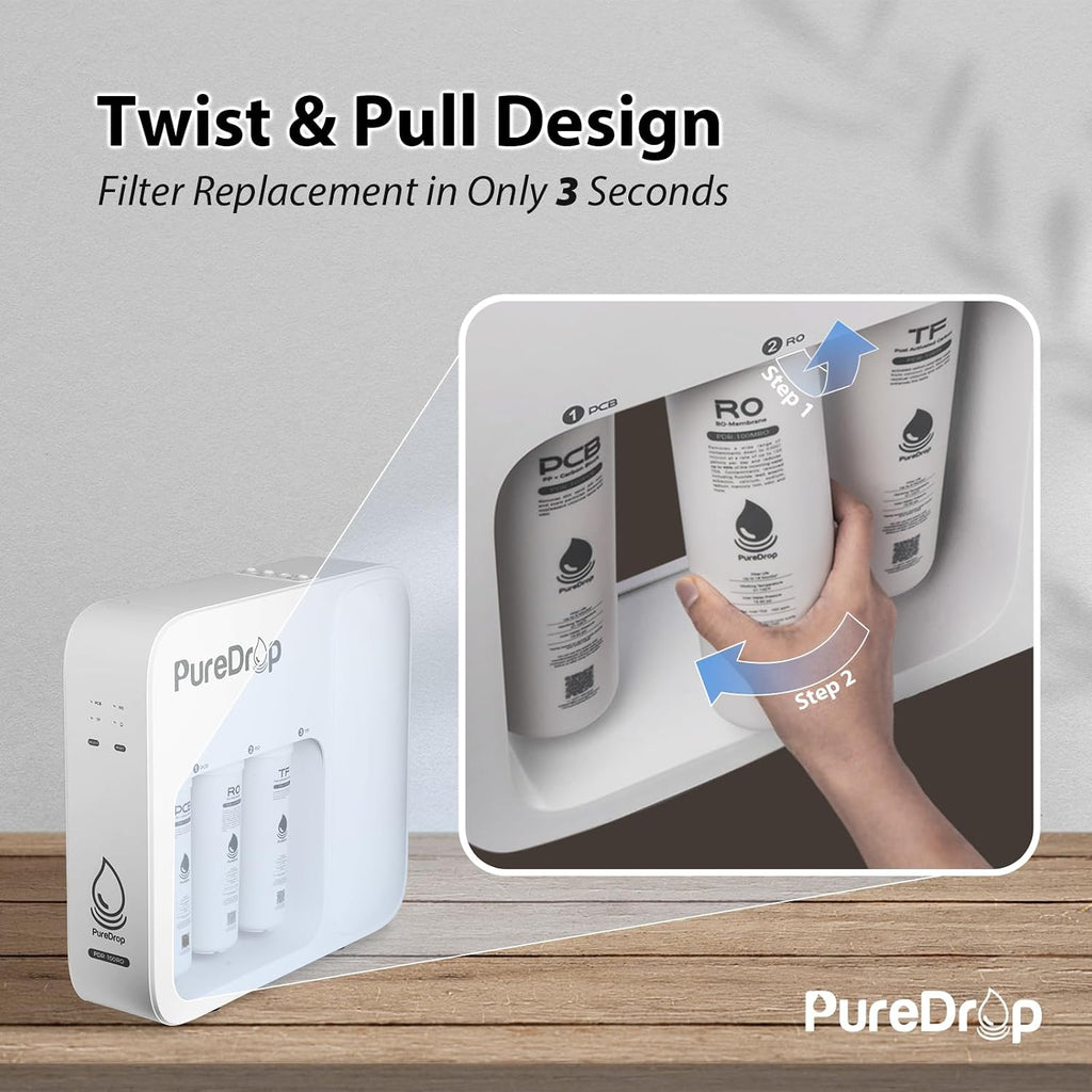 PureDrop PDR-100RO 3-Stage Under Sink Reverse Osmosis Drinking Water Filtration System, 100 GPD Fast Flow Built-in Tank RO Water Filter System, Reduce PFAS