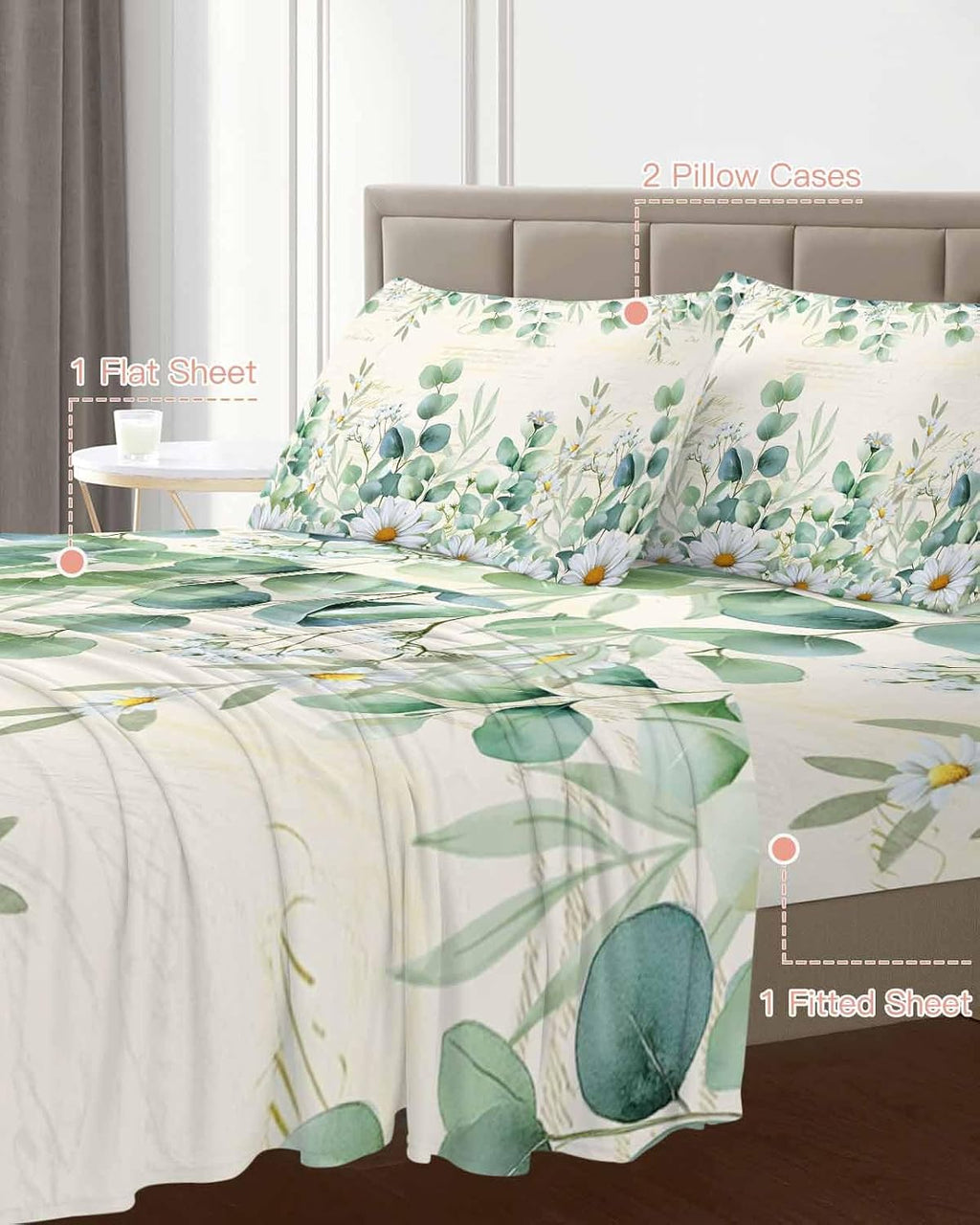 Green Eucalyptus Leaves Cal King Sheet Set 4 Piece Bedding - Daisy Summer Botanical Farmhouse Breathable Comfy Cooling Bed Sheets & Pillowcase Sets, Hotel Luxury Flat Sheets Deep Pockets Fitted Sheet