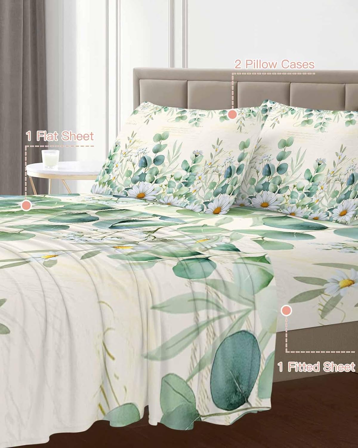 Green Eucalyptus Leaves Cal King Sheet Set 4 Piece Bedding - Daisy Summer Botanical Farmhouse Breathable Comfy Cooling Bed Sheets & Pillowcase Sets, Hotel Luxury Flat Sheets Deep Pockets Fitted Sheet