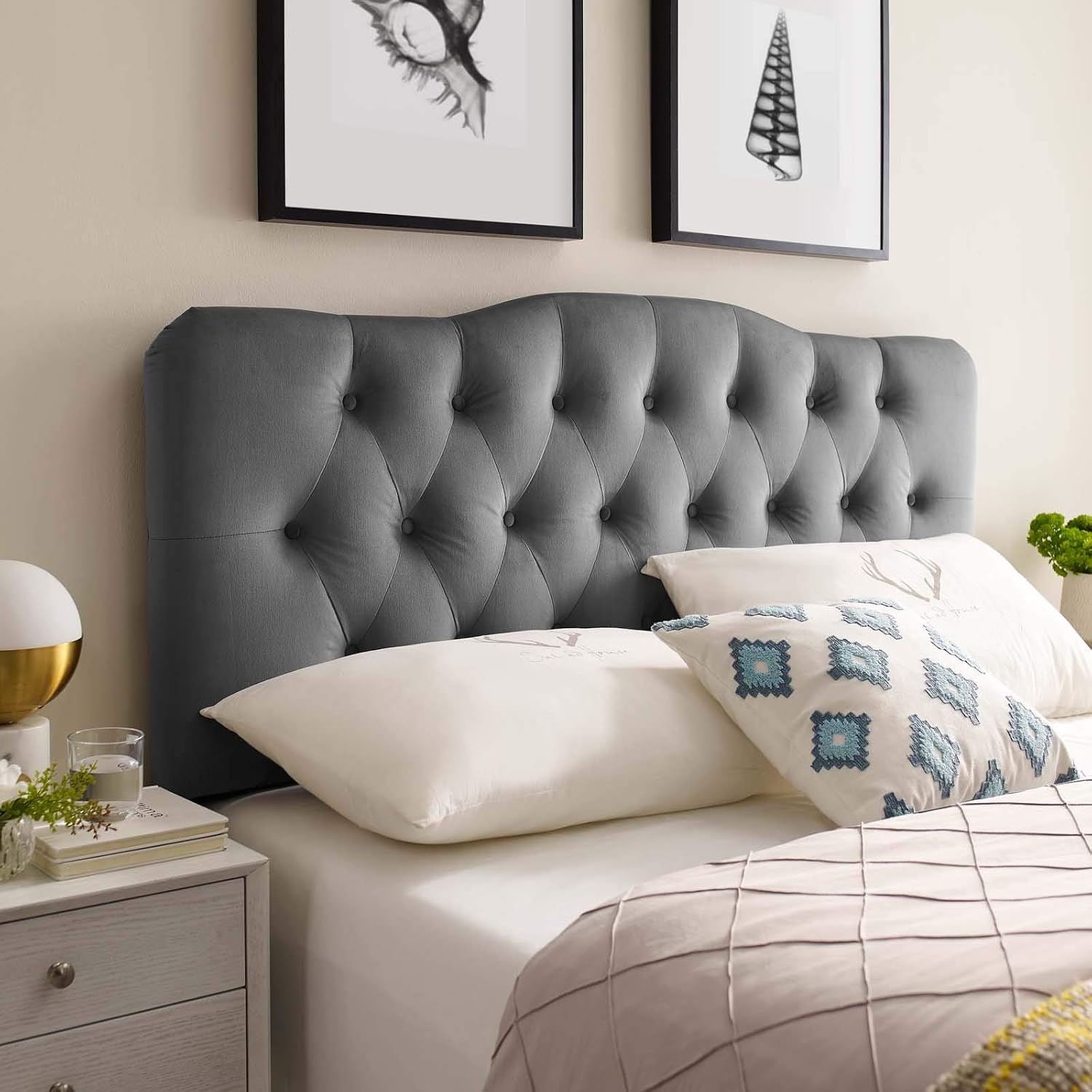 Modway Annabel Diamond Tufted Performance Velvet Full Headboard in Gray