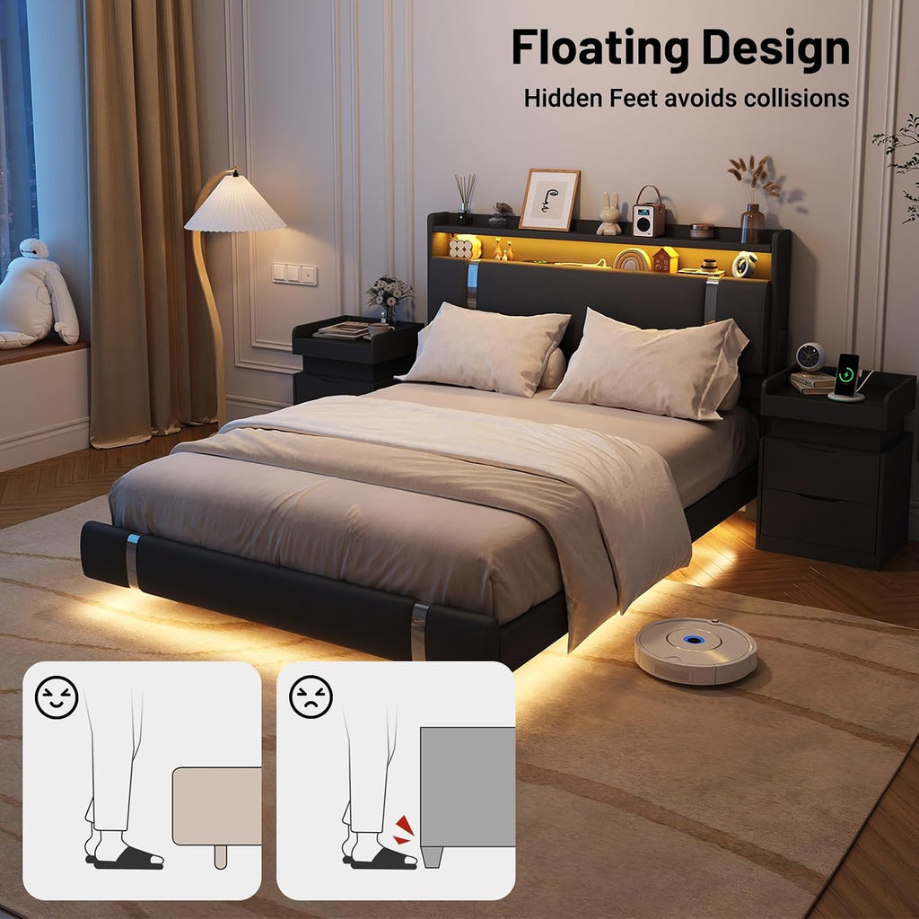 Floating Bed Frame, Full Size Platform Bed Frame with LED and Charging Station, Modern Black Metal Platform Full Bed with Storage Headboard, Upholstered Platform Bed Frame, No Box Spring Needed
