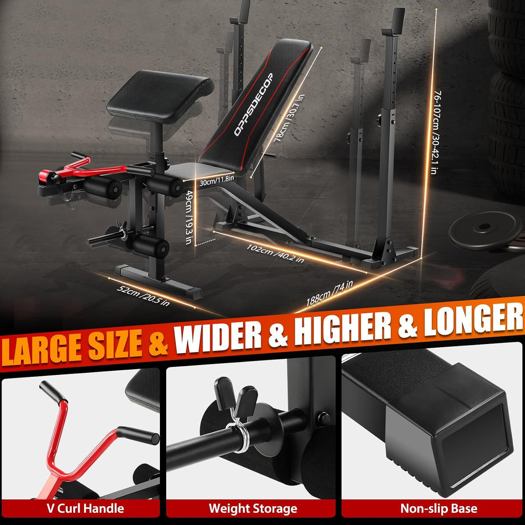 OPPSDECOR 3.0 Pro Weight Bench Set for Home Gym, ASTM-Certified 900 LBS Bench Press Set with Leg Extension, Preacher Curl Pad, Barbell Rack, J-Hooks and Safety Bar Catches for Full Body Workout