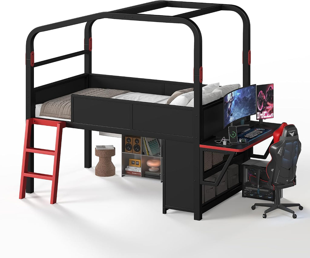 JIVOIT Twin Size Metal Loft Bed with Built-in Side Desk, Gaming Style Metal Low Loft Bed with Storage Cabinets, Chic Canopy Design, Easy Assembly