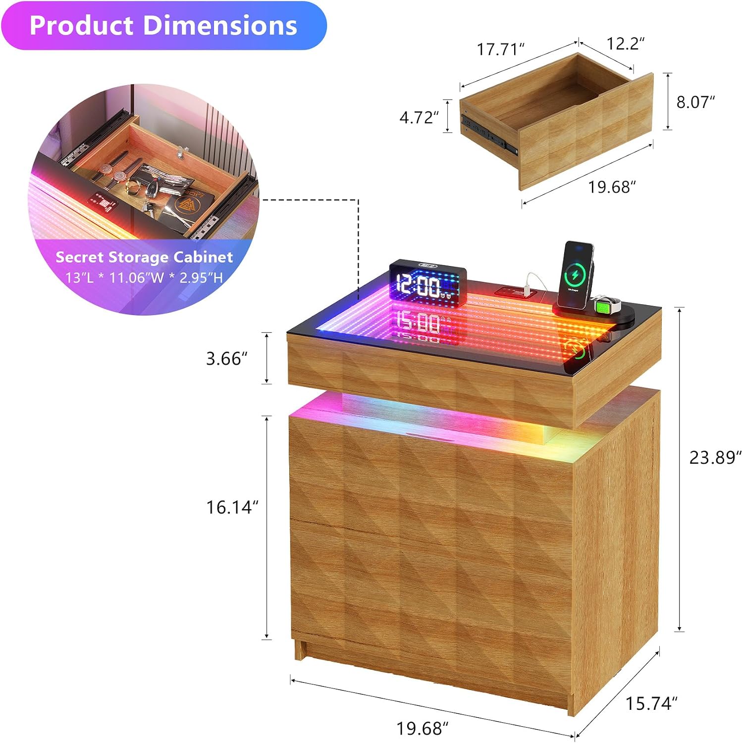 Bedside Table with Charger Station and RGB Lights, Nightstand with 3 Drawers and Sliding Top, Modern Night Stand with Human Body Sensor for Bedroom & Living Room, Wood