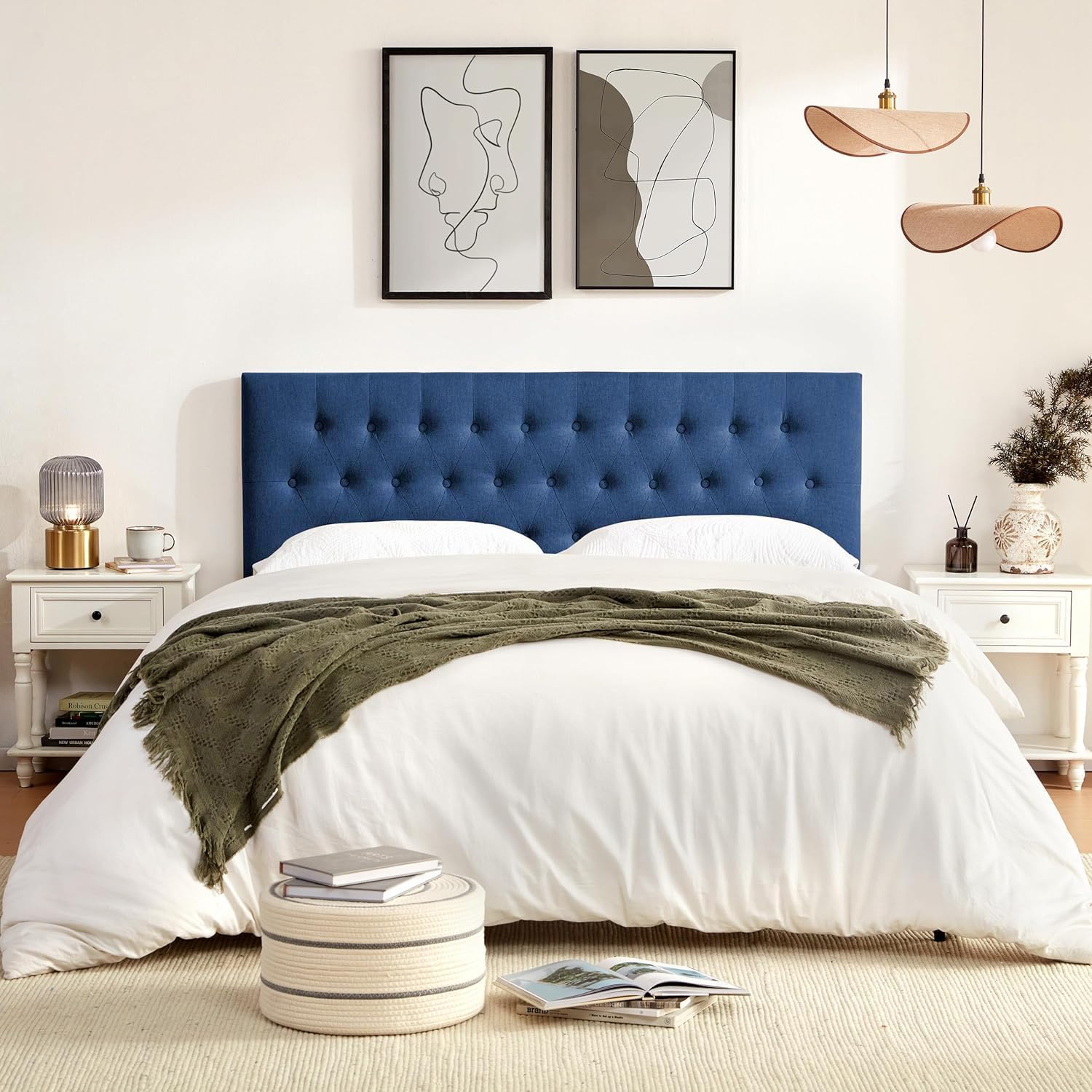 Huatean Home Tufted Upholstered Headboard Full Size, Solid Wood Head Board with Durable Metal Legs, Adjustable Height Full XL headboard from 37' to 51' Fabric Headboard in Modern Button Design, Blue
