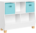 RiverRidge Catch-All Kids Toy Storage Organizer with 3 Cubbies and 2 Storage Bin Compartments - 35 Inch Wide White and 2 Aqua Fabric Bins Kids Room Decor Toy Organizers and Bins