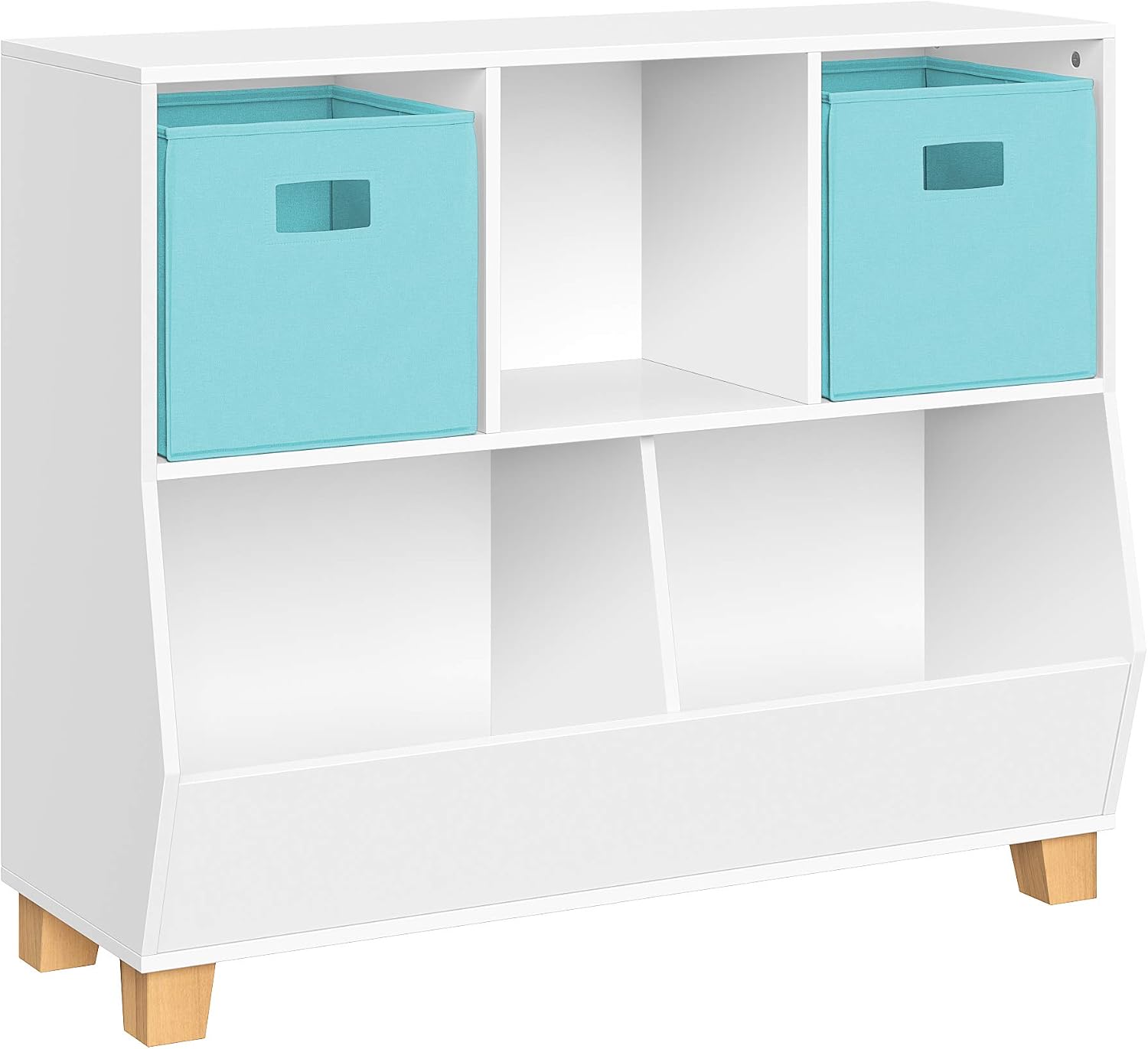 RiverRidge Catch-All Kids Toy Storage Organizer with 3 Cubbies and 2 Storage Bin Compartments - 35 Inch Wide White and 2 Aqua Fabric Bins Kids Room Decor Toy Organizers and Bins