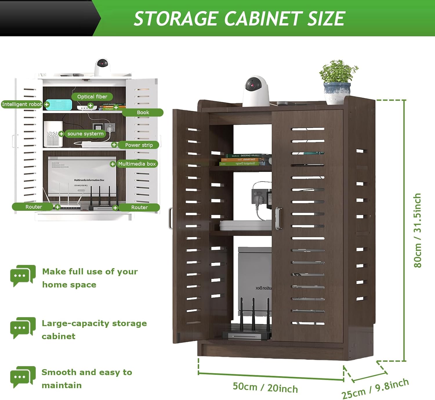 Large WiFi Router Cabinet 20''x31''x10'' Floor Standing Modem Organizer with Cable Management, White Electronics Enclosure for Power Strips & Network (Brown)
