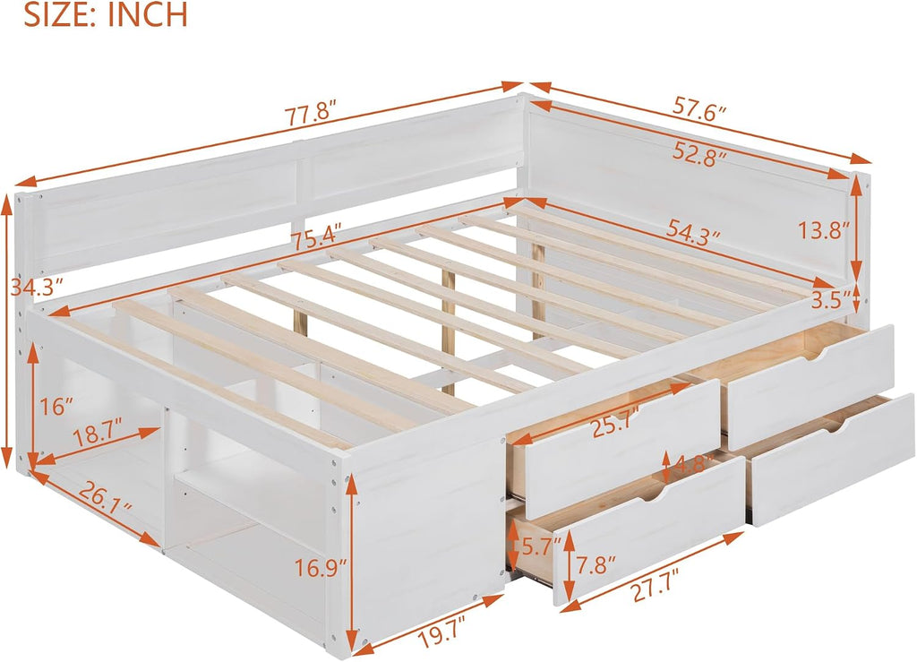 Full Size Daybed with 4 Pull-Out Drawers and 3 Functioning Shelves,Solid Wood Day Bed Frame with Wooden Slats Support for Bedroom,No Box Spring Required (White-AB41)