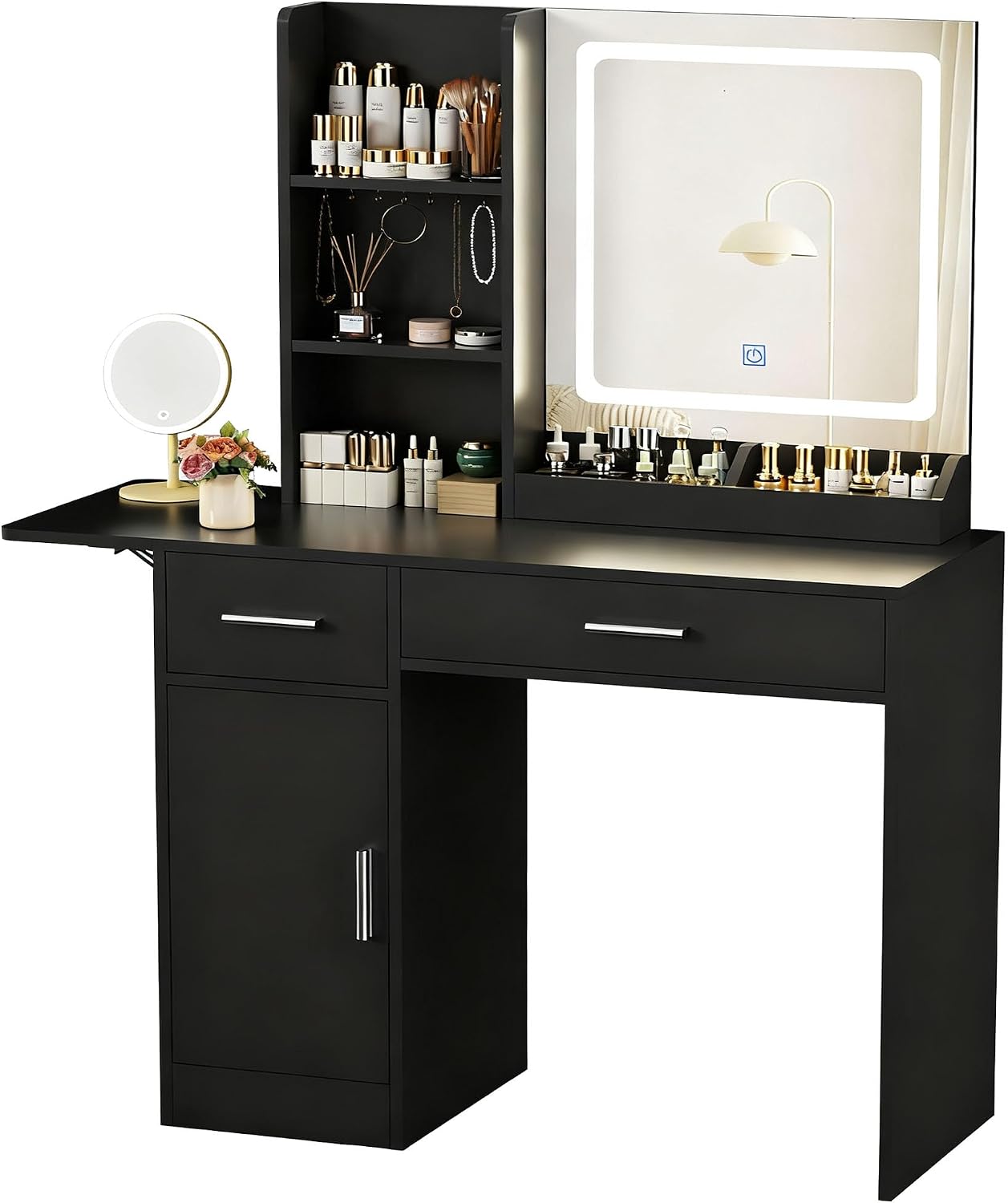ERLEJIA Vanity Desk with Mirror and Lights, 39.37' 4 Drawers Makeup Desk Without Stool, Extra Foldable Desk with 3 Open Shelves Make Up Table for Girls and Ladies Bedroom, Black