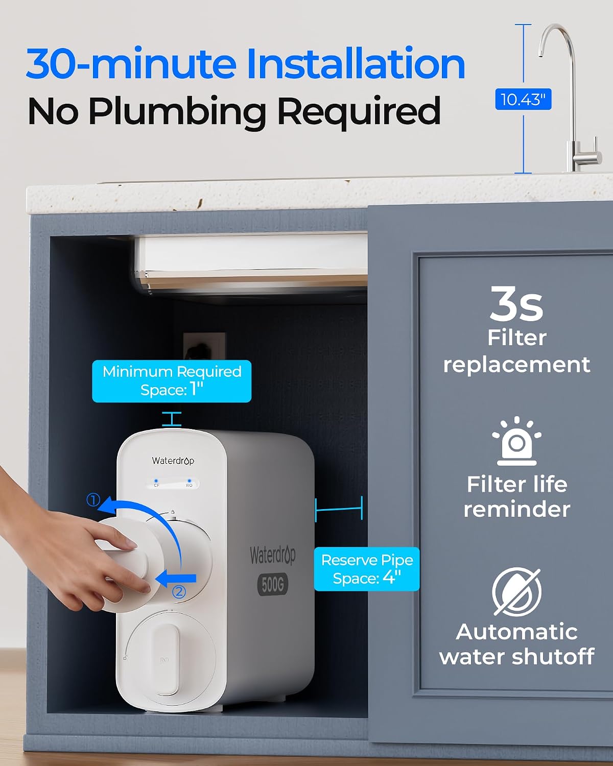 Waterdrop G5P500A Alkaline Mineral pH+ Reverse Osmosis Water Filter, NSF/ANSI 58 & 372 Certified, 8 Stage Reverse Osmosis System, 500G RO Water Filtration System, 2:1 Pure to Drain, Reduces TDS