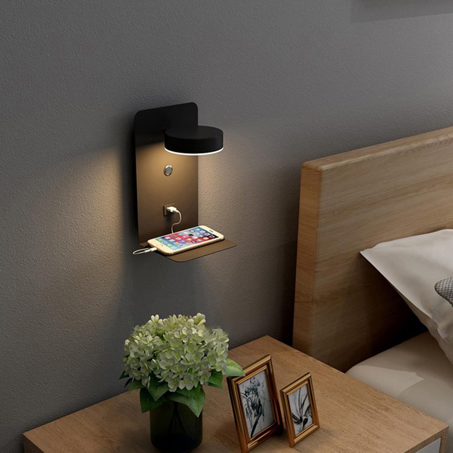 USB Charging Wall Sconces, Dimmable Wall Lamp Fixture with Phone Holder Shelf, 350° Rotation Wall Light with Button On/Off Switch, 12W Rotatable Wall Mount Lighting(Black,Small)