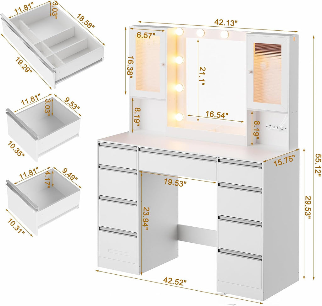 ERLEJIA Vanity Desk with Mirror and Lights, 42.52' 9 Drawer Makeup Table with 2 RGB Lighting Cabinets and Power Outlet for Girls and Ladies Bedroom, White