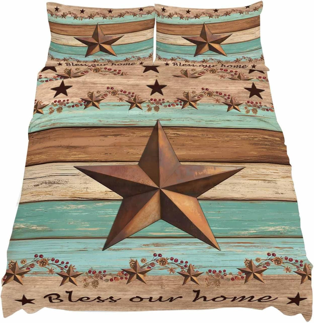 Western Texas Star Vintage Cal King Sheet Set 4 Piece Bedding - Retro Farmhouse Brown Green Wood Grain Breathable Comfy Cooling Bed Sheets & Pillowcase Sets,Hotel Flat Sheets Deep Pockets Fitted Sheet