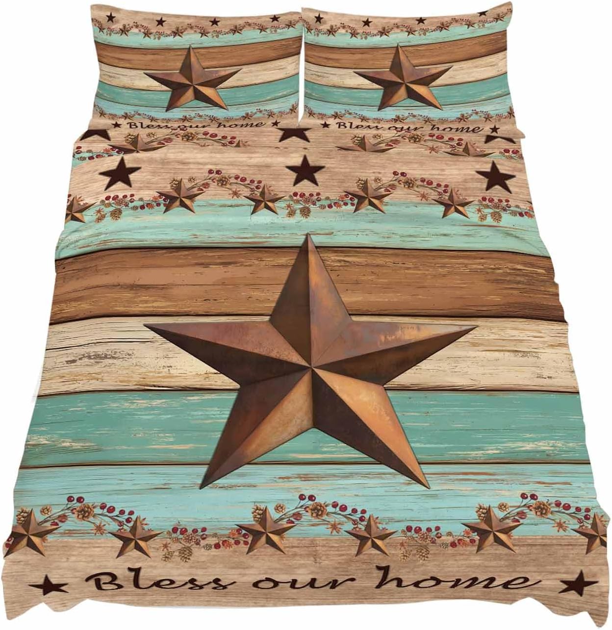 Western Texas Star Vintage Cal King Sheet Set 4 Piece Bedding - Retro Farmhouse Brown Green Wood Grain Breathable Comfy Cooling Bed Sheets & Pillowcase Sets,Hotel Flat Sheets Deep Pockets Fitted Sheet