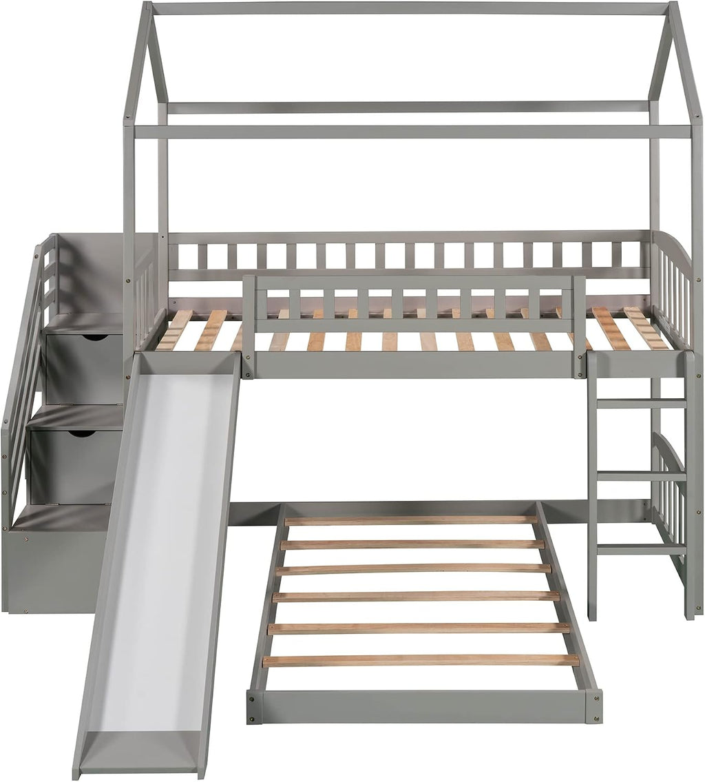Twin Over Twin Bunk Bed for Kids Toddlers, House Bunk Bed Farm with Storage Steps and Slide Ladder Roof Guardrail for Girls/Boys, No Spring Box Required (Gray-Wood)