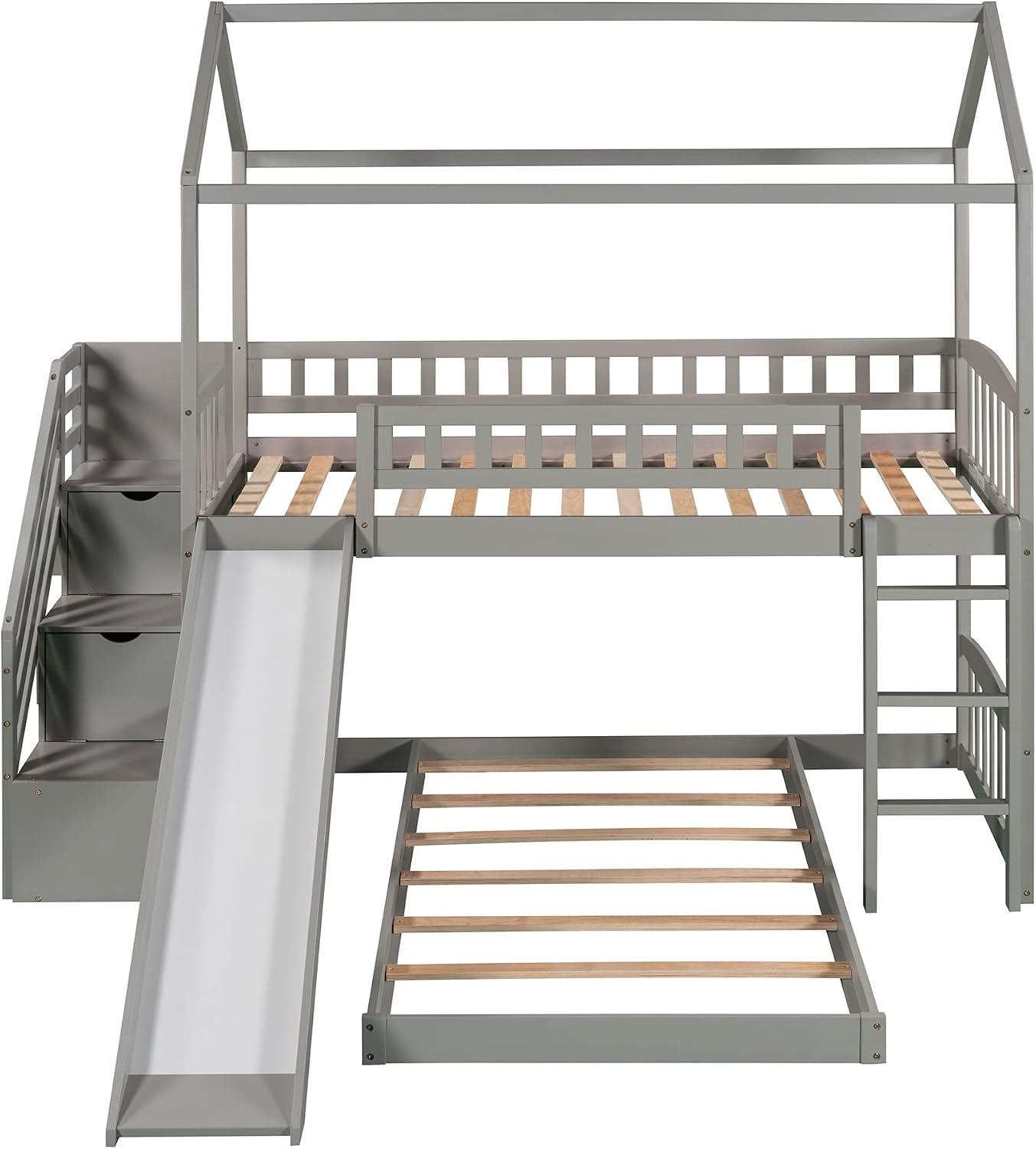 Twin Over Twin Bunk Bed for Kids Toddlers, House Bunk Bed Farm with Storage Steps and Slide Ladder Roof Guardrail for Girls/Boys, No Spring Box Required (Gray-Wood)