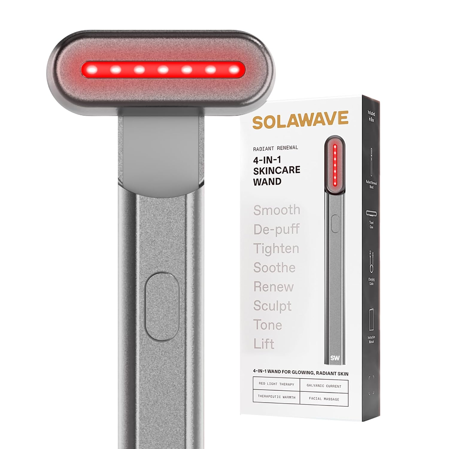 Solawave 4-in-1 Red Light Therapy Wand for Face & Neck | Beauty Device with Galvanic Current, Massager & Warmth | Anti-Aging, Wrinkle Reduction, Skin Tightening, Depuffing & Rejuvenation (Matte Black)