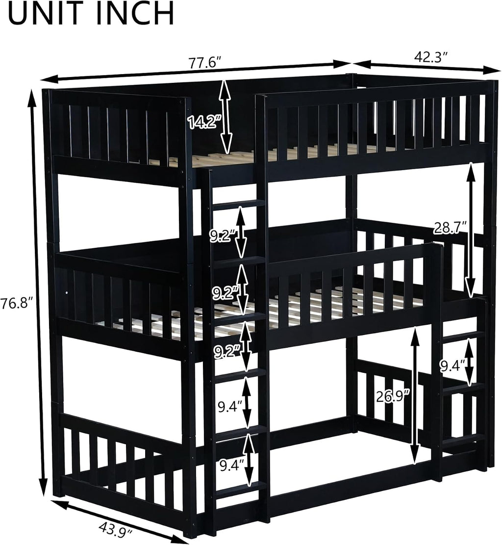 Twin Size Triple Rubber Wood Bunk Bed, Detachable Bunk Bed with Ladders, Guardrails, Twin Over Twin Over Twin for Kids, Black