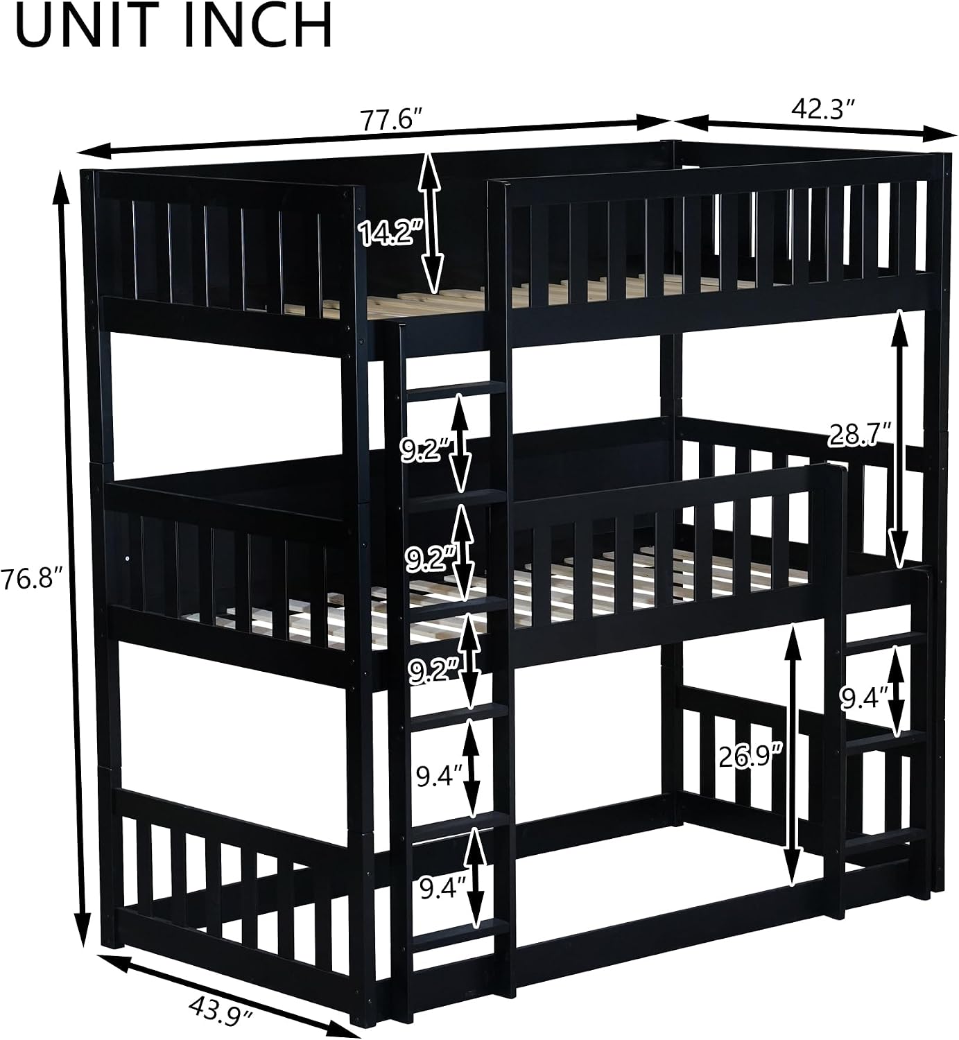Twin Size Triple Rubber Wood Bunk Bed, Detachable Bunk Bed with Ladders, Guardrails, Twin Over Twin Over Twin for Kids, Black
