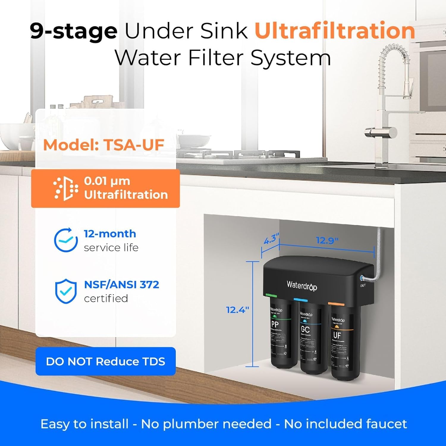 Waterdrop WD-TSA-UF 0.01 μm Ultra Filtration Under Sink Water Filter, 9 Stage Under Sink Water Filtration System, Reduces Chlorine, Taste and Odor, Fluoride, Connects Directly to Your Faucet