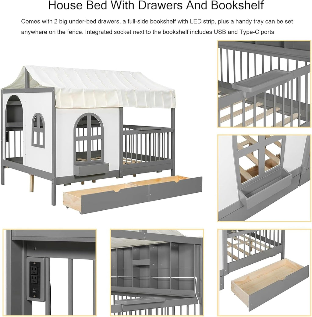 Polibi Twin Size House Bed with 2 Large Drawers, Side Bookshelf with LED Strip, Built-in Charging Board & Soft Tent, Gray Wooden Kids House Bed with Ultra-High Guardrails for Safe Sleep