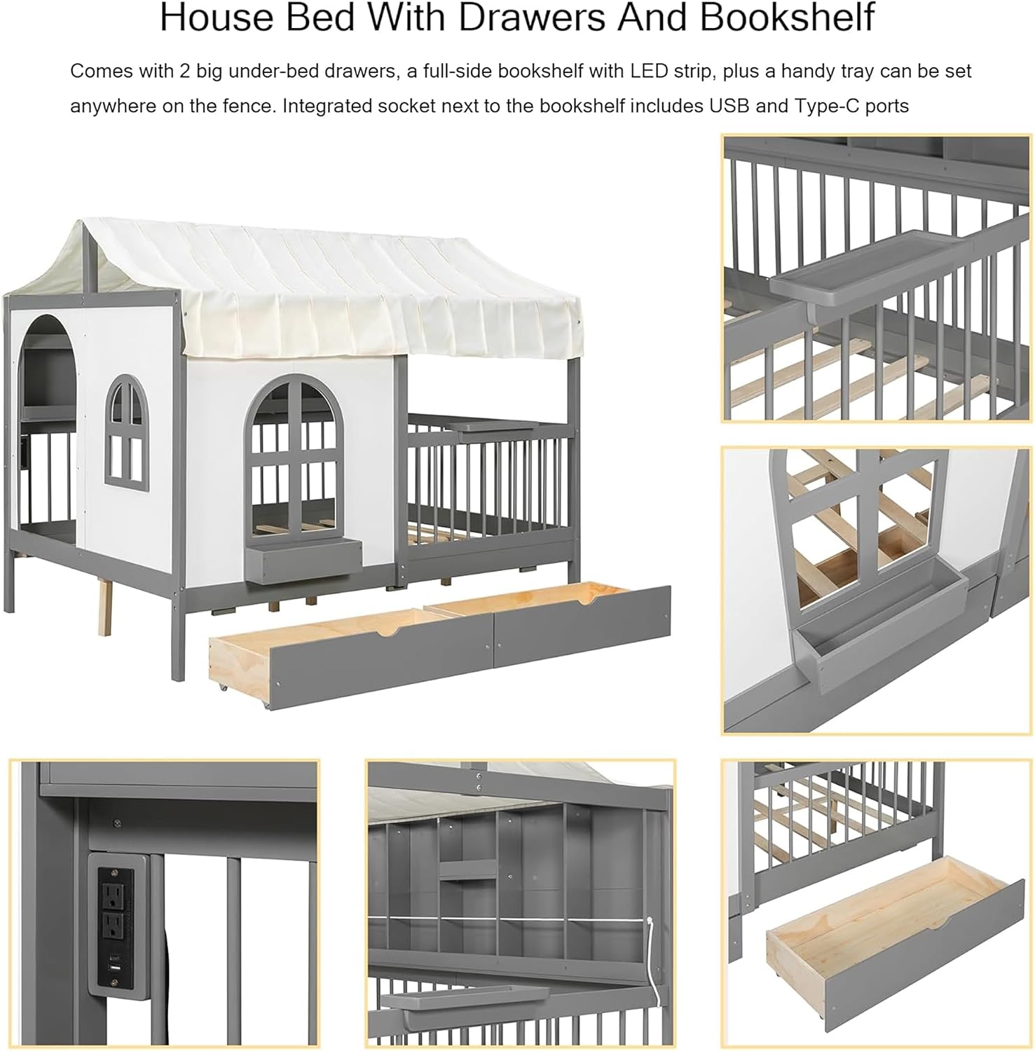 Polibi Twin Size House Bed with 2 Large Drawers, Side Bookshelf with LED Strip, Built-in Charging Board & Soft Tent, Gray Wooden Kids House Bed with Ultra-High Guardrails for Safe Sleep