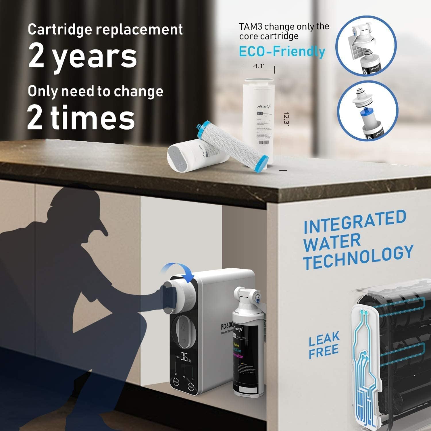 Frizzlife Reverse Osmosis Water Filter - Alkaline Mineral pH+, NSF/ASNI 58&53&42&372 Standard, 600GPD Tankless RO Reverse Osmosis System, Under Sink, 2:1 Pure to Drain, Reduce FPAS/PFOA, PD600-TAM3