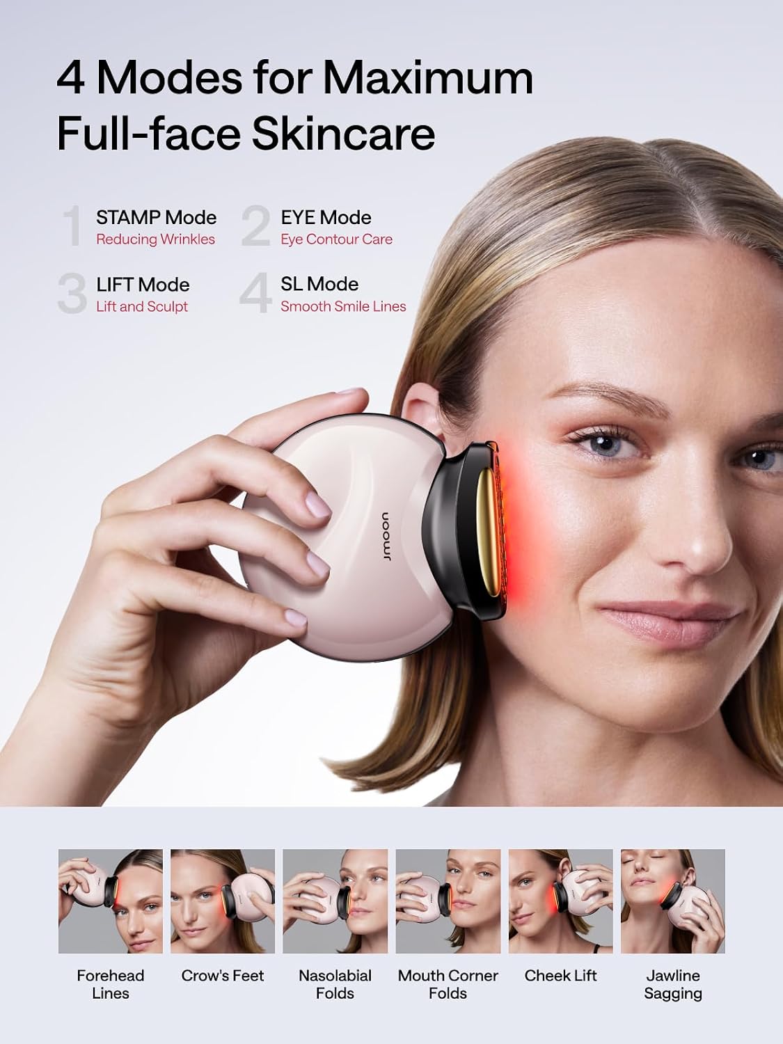 JMOON by Ulike Microcurrent Facial Device, M30U Red Light Therapy for Face, Safe Anti Aging Skin Care, 4 Modes, 5 Energy Levels for Full Face Lift and Ideal for Smile Lines, Eyes, and Forehead (Pink)