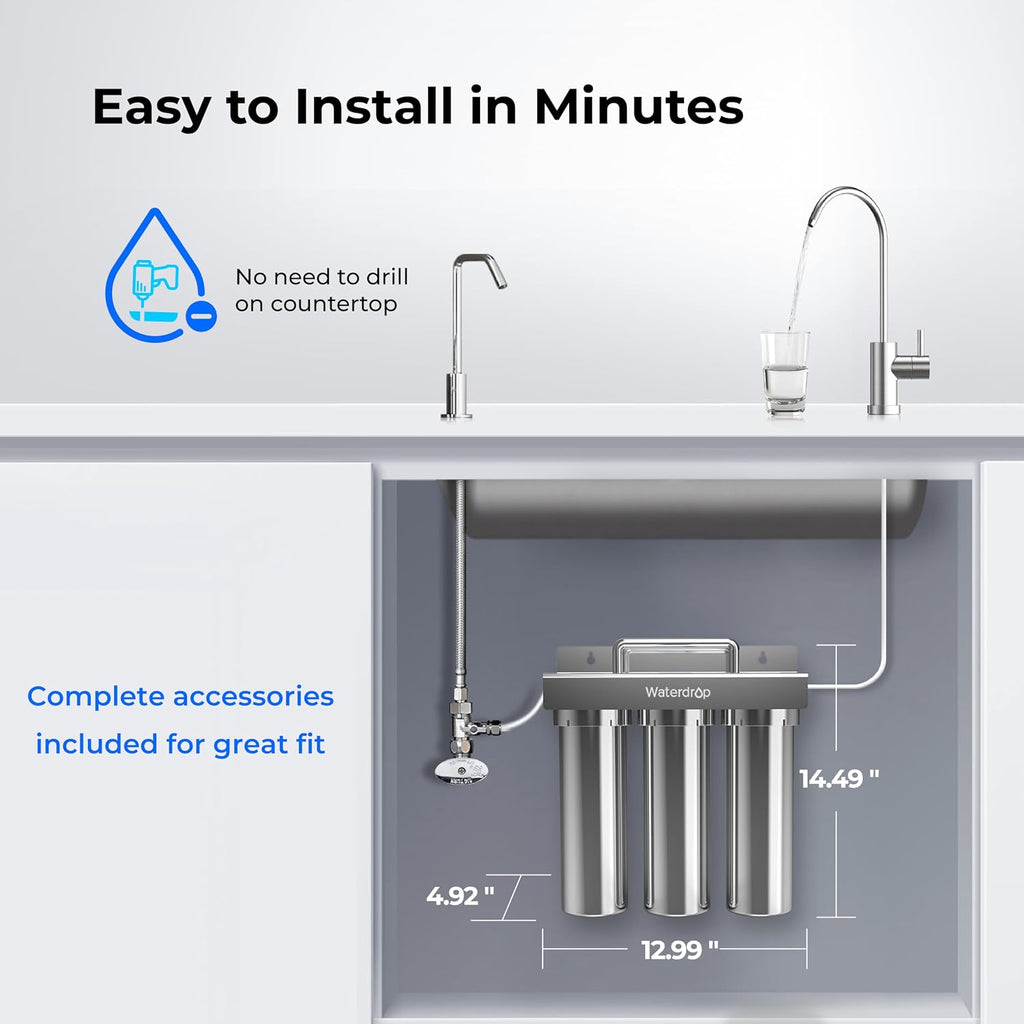 Waterdrop TST-B 0.01 Micron Ultra Filtration Under Sink Water Filter, 3-Stage Stainless Steel Under Sink Water Filtration System with Dedicated Faucet, Removes Chlorine, Taste&Odor (Drilling Required)
